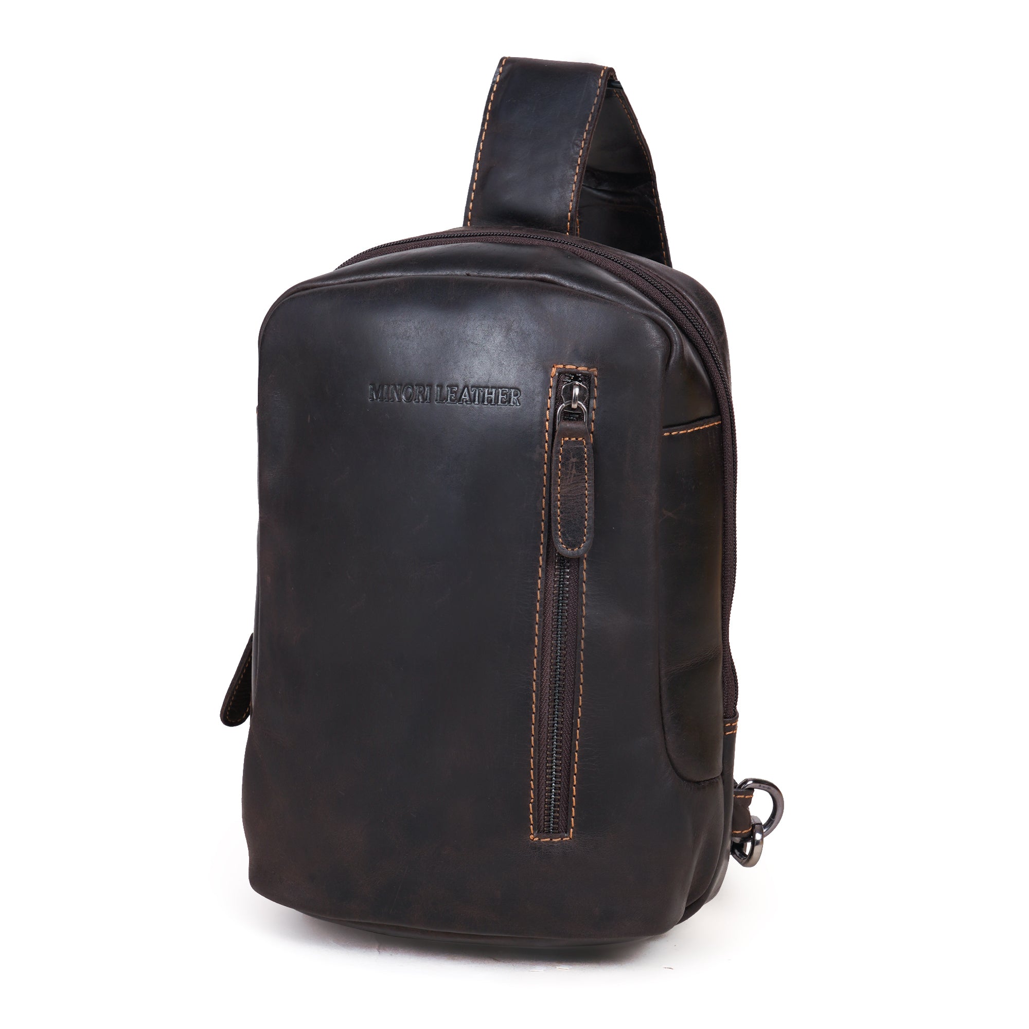 Brown Luxe Leather Sling Bag by Minori Leather, unisex crossbody bag with sleek design and adjustable strap.