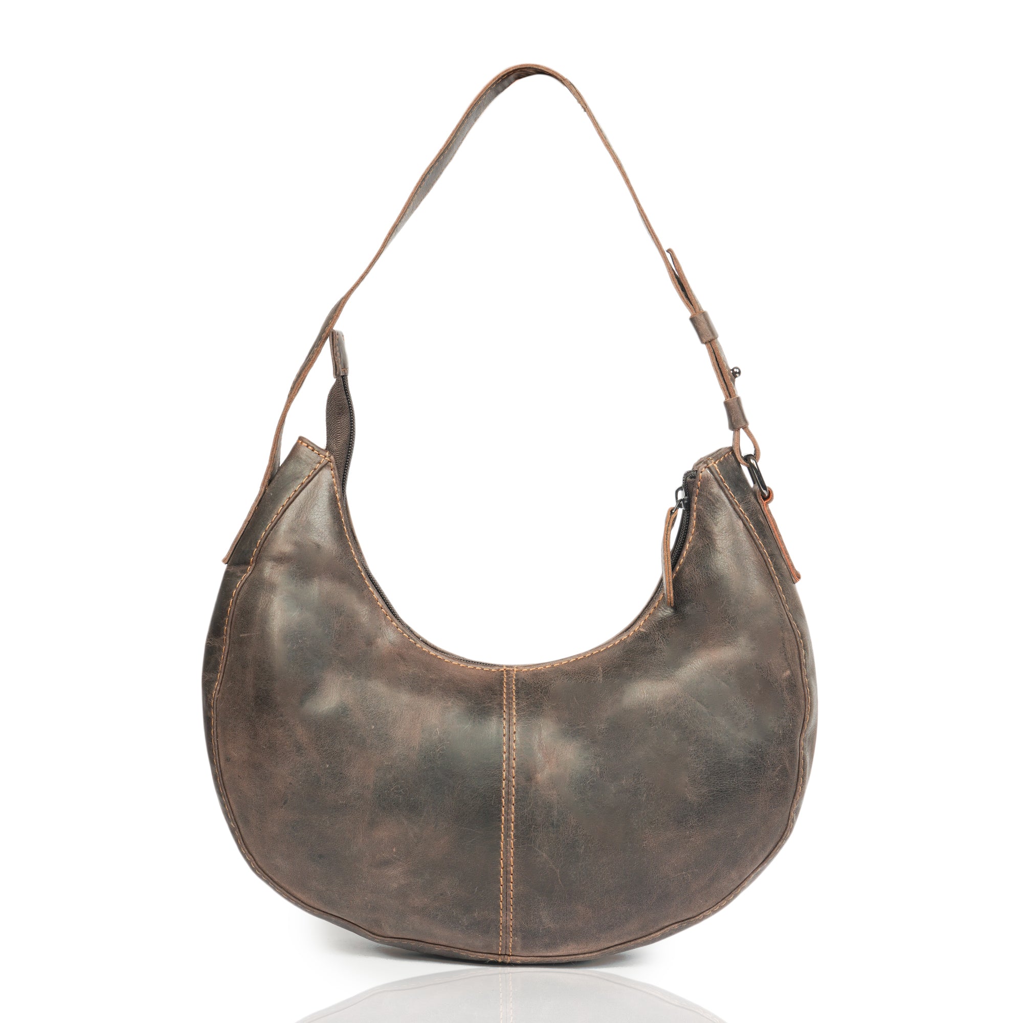 Minori Leather Selene Hobo Shoulder Bag in brown leather with a spacious design and adjustable shoulder strap.