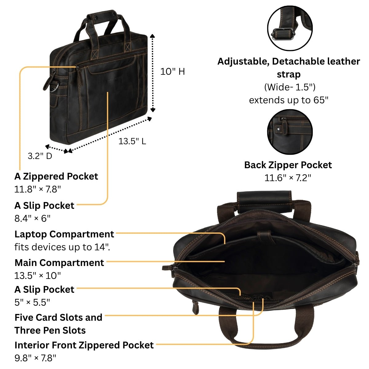 Brown Seattle leather briefcase bag for men and women by Minori Leather, featuring a 14-inch unisex design with detailed craftsmanship.