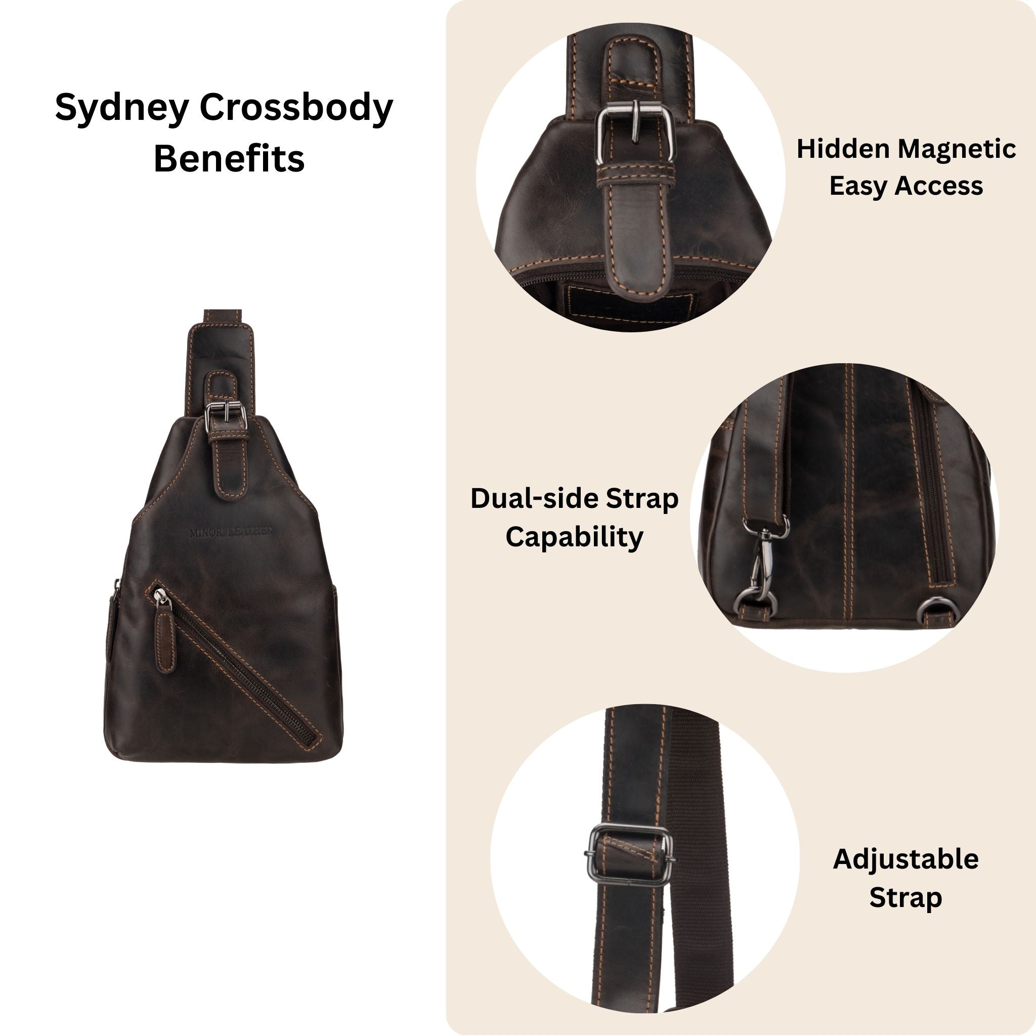 Brown Sydney Leather Crossbody Bag by Minori Leather, unisex design with adjustable strap and sleek leather finish.