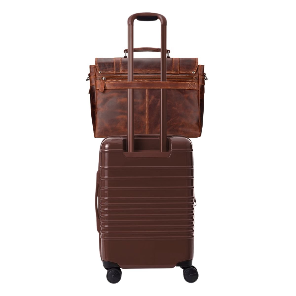 Minori Leather Boston Leather Briefcase Bag 16" in chestnut with trolley strap for unisex professional carry.