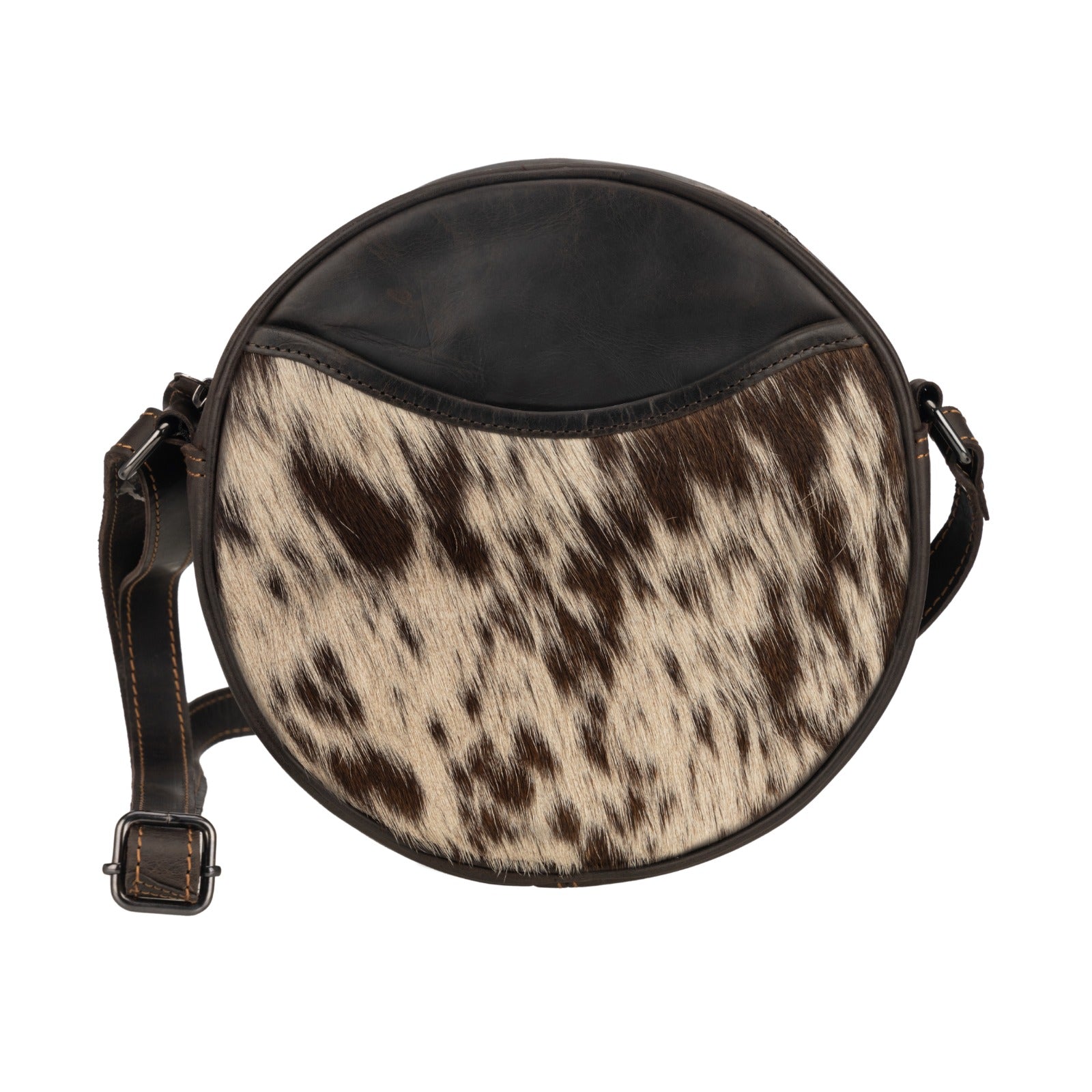 Luna Leather Round Crossbody Bag – Women's – Chestnut, Brown & Hair - On Brown - Minori Leather