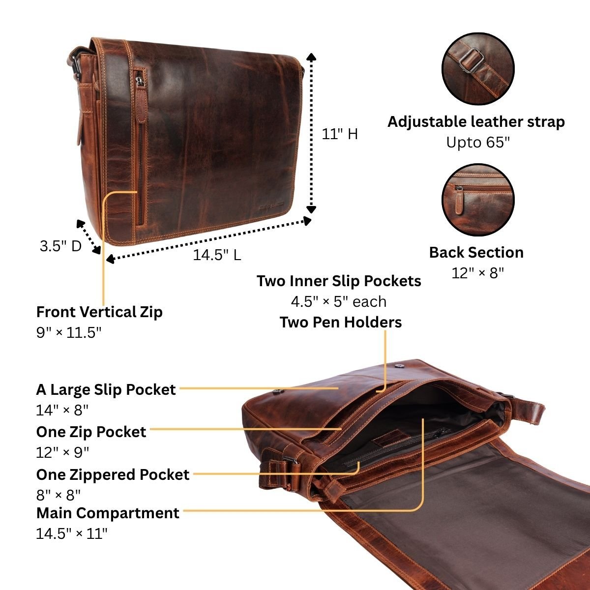 William Leather Messenger Bag 15" – Unisex – Brown - Minori Leather