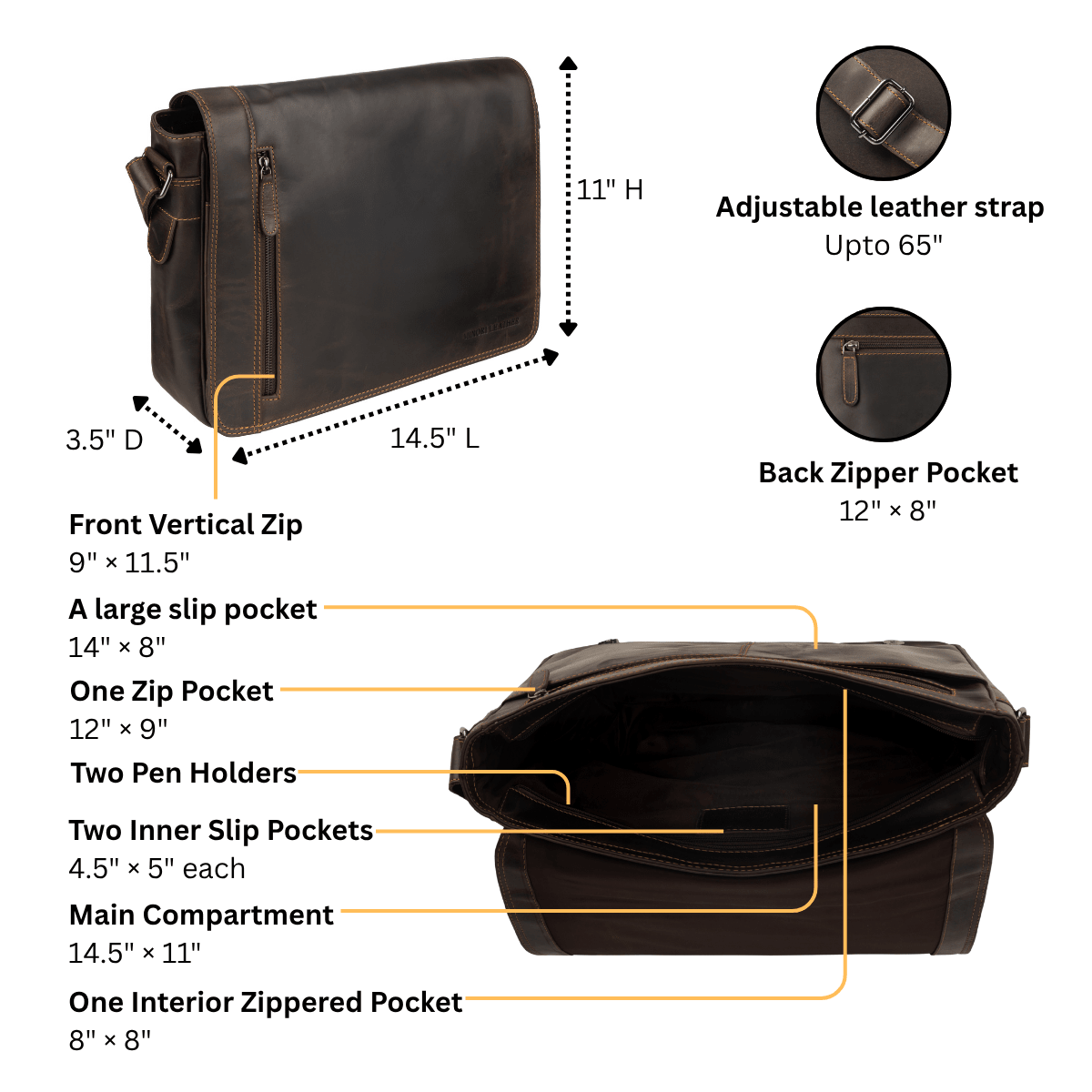 William Leather Messenger Bag in brown full-grain leather, featuring a sleek design for men and women by Minori Leather.