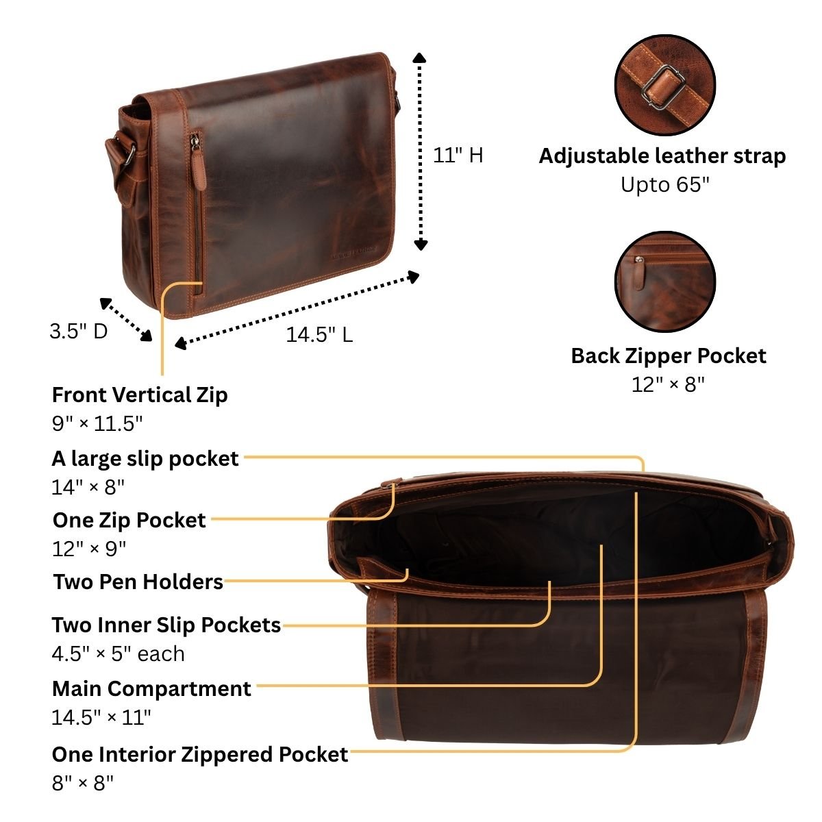 William Leather Messenger Bag in chestnut full-grain leather by Minori Leather, featuring a classic design for men and women.